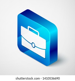Isometric Briefcase icon isolated on white background. Business case sign. Business portfolio. Blue square button. Vector Illustration