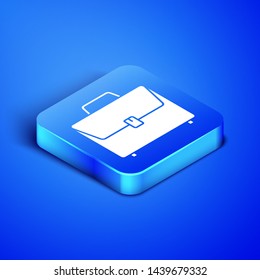 Isometric Briefcase icon isolated on blue background. Business case sign. Business portfolio. Blue square button. Vector Illustration