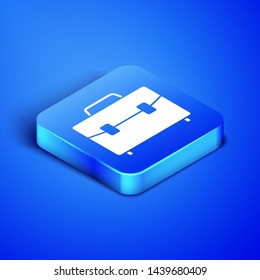 Isometric Briefcase icon isolated on blue background. Business case sign. Business portfolio. Blue square button. Vector Illustration