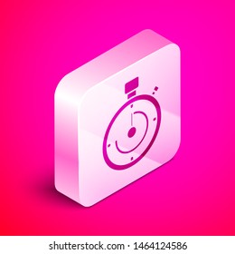 Isometric Briefcase icon isolated on pink background. Business case sign. Business portfolio. Silver square button. Vector Illustration