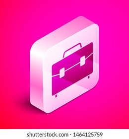 Isometric Briefcase icon isolated on pink background. Business case sign. Business portfolio. Silver square button. Vector Illustration