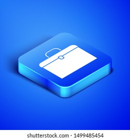 Isometric Briefcase icon isolated on blue background. Business case sign. Business portfolio. Blue square button. Vector Illustration