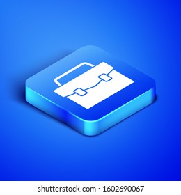 Isometric Briefcase icon isolated on blue background. Business case sign. Business portfolio. Blue square button. Vector Illustration