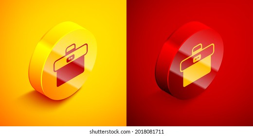 Isometric Briefcase icono aislado en color naranja y rojo. Signo de caso comercial. Cartera de negocios. Botón Círculo. Vector