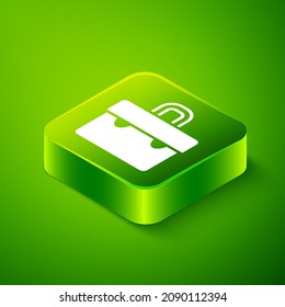 Isometric Briefcase icono aislado en fondo verde. Signo de caso comercial. Cartera de negocios. Botón cuadrado verde. Vector