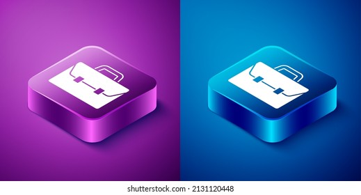 Isometric Briefcase icono aislado en fondo azul y púrpura. Signo de caso comercial. Cartera de negocios. Botón cuadrado. Vector
