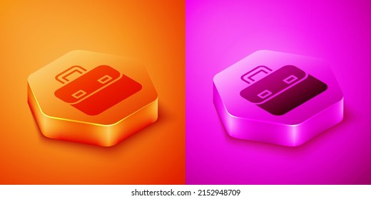 Isometric Briefcase icon isolated on orange and pink background. Business case sign. Business portfolio. Hexagon button. Vector