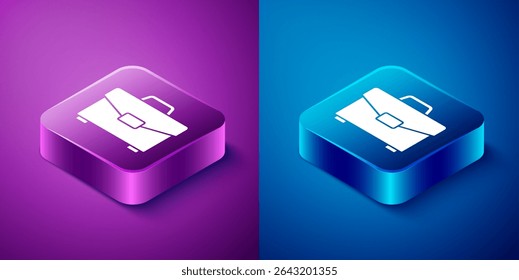 Icono de maletín isométrico aislado sobre fondo azul y púrpura. Signo de caso comercial. Cartera empresarial. Botón cuadrado. Ilustración vectorial