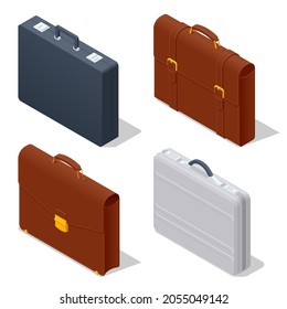 Isometric briefcase icons set on white background. Diplomat, for office, for laptop.