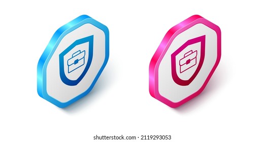 Maletín isométrico con icono de escudo aislado en fondo blanco. Concepto de seguro. Seguridad, seguridad, protección, concepto de protección. Botón hexagonal. Vector
