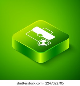 Isometric Briefcase with shield icon isolated on green background. Insurance concept. Security, safety, protection, protect concept. Green square button. Vector