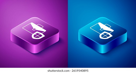 Isometric Briefcase with shield icon isolated on blue and purple background. Insurance concept. Security, safety, protection, protect concept. Square button. Vector