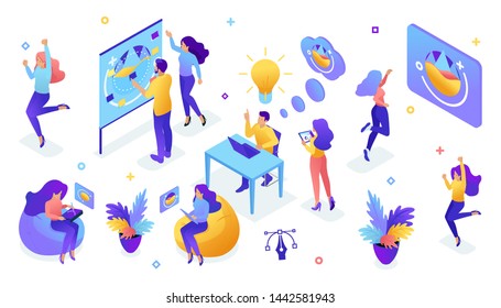 Isometric bright concept of creative Studio, a set of creative people in the process of work