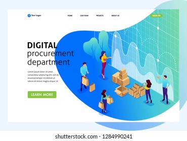 Isometric Bright concept concept of digital procurement, marketing research, teamwork. Website Template Landing page.