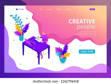Isometric Bright concept Freelancer works remotely. Place an order and get paid. Website Template Landing page.