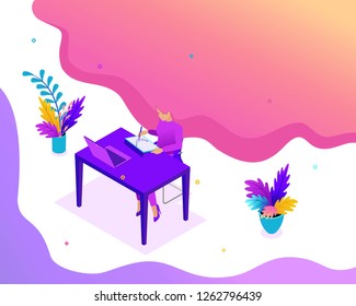 Isometric Bright concept Freelancer works remotely. Place an order and get paid. Concept for web design.