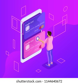 Isometric is a bright concept of managing online credit cards, online banking account, man transferring money from card to card using smartphone