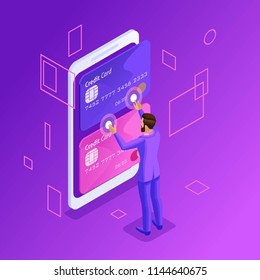 Isometric is a bright concept of managing online credit cards, an online bank account, a business man transferring money from card to card using a smartphone
