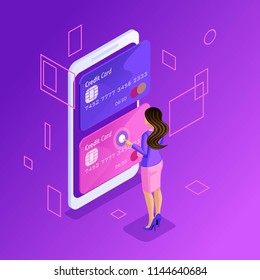 Isometric is a bright concept of managing online credit cards, an online bank account, a Business lady transferring money from card to card using a smartphone