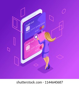 Isometric is a bright concept of managing online credit cards, an online bank account, a business woman transferring money from card to card using a smartphone
