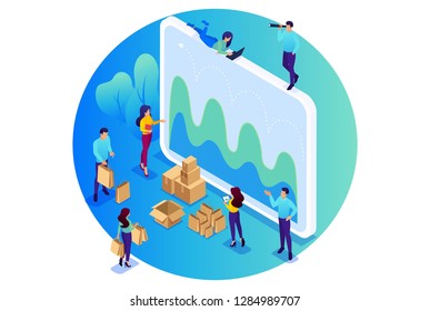 Isometric Bright Concept Site Concept Of Digital Procurement, Marketing Research, Teamwork. Concept For Web Design.