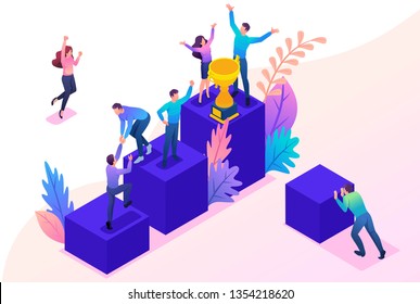 Isometric Bright concept successful young team, upward movement. Concept for web design.