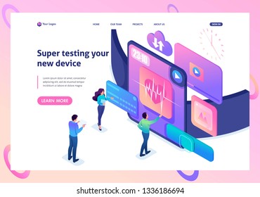 Isometric bright concept the team is testing a new device, the smart watch. Template Landing page.