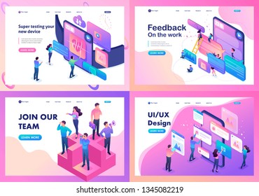 Isometric bright concept testing device, feedback, ux design, join our team. Template Landing page.