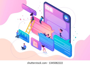 Isometric bright concept users write comments, recall and feedback about services. Concept for web design.