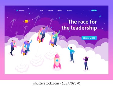 Isometric bright concept young entrepreneurs compete for leadership. Template Landing page.