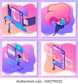 Isometric bright concepts of using different devices in different spheres of life.