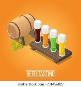 Isometric bright orange brewery background with wooden barrel and glasses full of fresh colorful beer 3d vector illustration