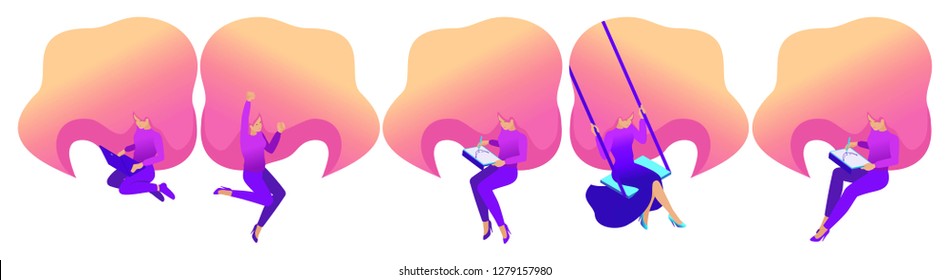 Isometric Bright set of girls with long beautiful hair in the process of creating and translating ideas. Girls for vector illustrations.
