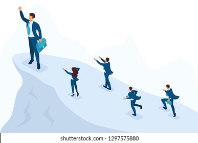 Isometric Bright site concept Big businessman at the top symbolizes leadership and success, people follow him. Concept for web design