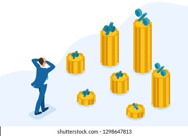 Isometric Bright site concept Build a career, businessman climbs the big Golden mountain, succeed. Concept for web design