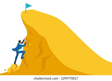 Isometric Bright site concept Build a career, businessman climbs the big Golden mountain, succeed. Concept for web design.