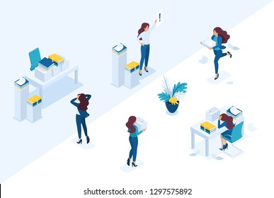 Isometric Bright site concept The head of the audit company swears at subordinates, the delivery of the tax report. Concept for web design