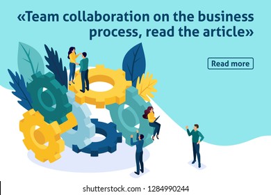 Isometric Bright Template banner article Teamwork, brainstorming, Team collaboration on the business process. Analytics of company information.