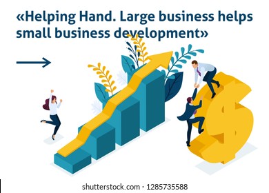 Isometric Bright Template banner article Helping Hand. Large business helps small business development. Analytics of company information.