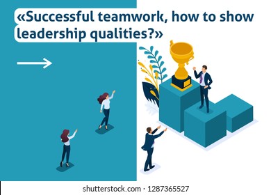 Isometric Bright Template banner article Leadership qualities. Employees rejoice in the success teamwork.