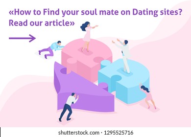 Isometric Bright Template banner article acquaintance, love, meeting, people connect parts of a big heart.