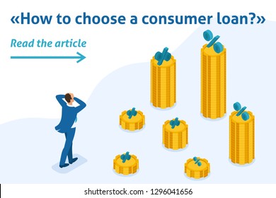 Isometric Bright Template banner article The man grabbed his head and looks at the amount of loans and their rates.