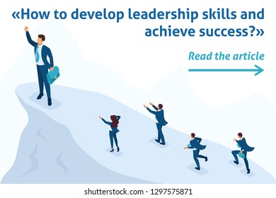 Isometric Bright Template banner article Big businessman at the top symbolizes leadership and success, people follow him