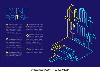 Isometric Bristle paint brush outline stroke set dash line design, City cocept illustration isolated on dark blue background copy space, vector eps 10