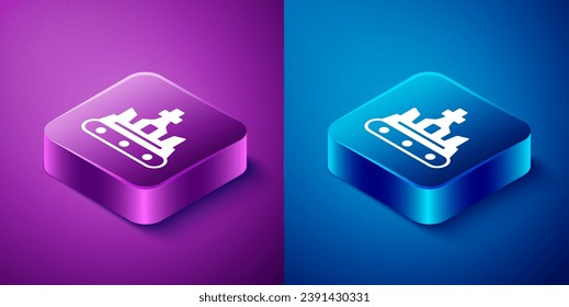 Isometric British crown icon isolated on blue and purple background. Square button. Vector