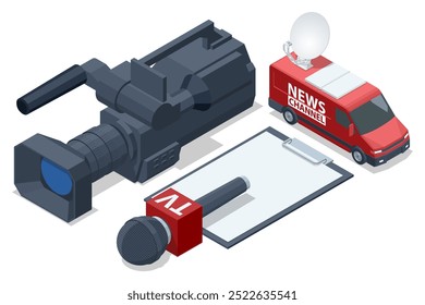 Coche de difusión isométrica con antena parabólica. TV de coche. Red de Televisión. Programa de Noticias en vivo de TV.