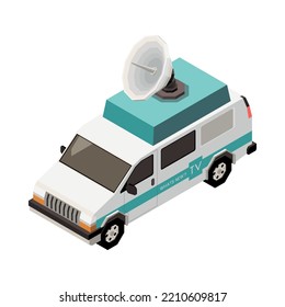 Isometric broadcasting telecommunication van with satellite dish antenna 3d vector illustration