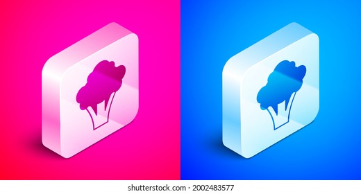 Isometric Broccoli icon isolated on pink and blue background. Silver square button. Vector