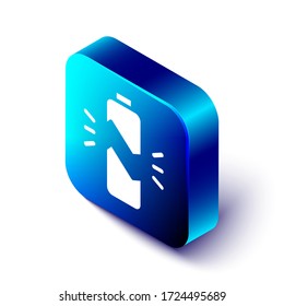 Isometric Broken battery icon isolated on white background. Blue square button. Vector Illustration