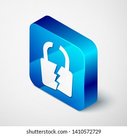 Isometric Broken or cracked lock icon isolated on white background. Unlock sign. Blue square button. Vector Illustration
